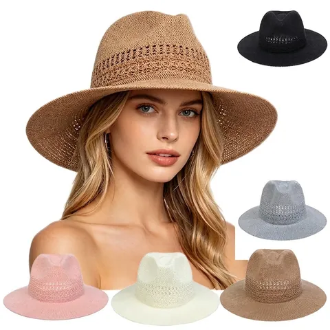 Elegant Breathable Polyester Straw Look Fedora Hat With Artificial Pearls Rivets And Bow For Women Summer Beach Sun Protection Hat
