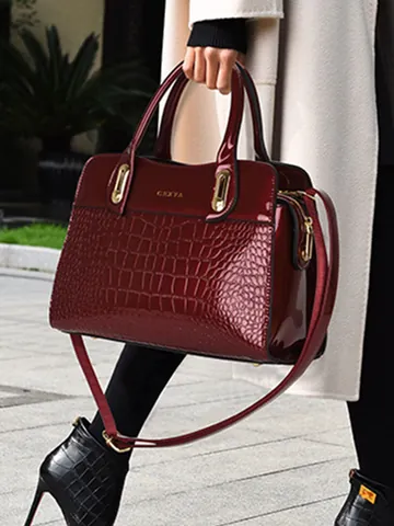 Women Patent Leather Crocodile Pattern Tote Bag Large Capacity Top Handle Bag With Gold Hardware Elegant Office Commuter Shoulder Bag