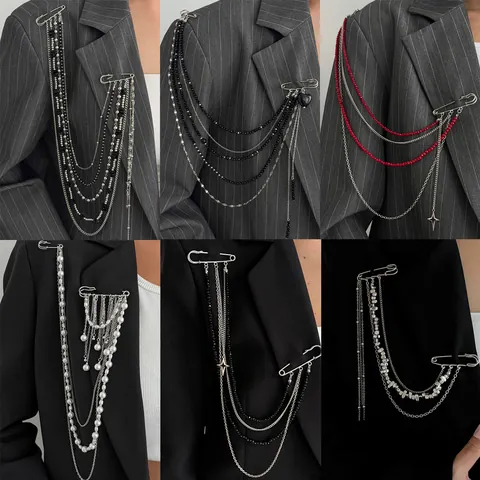 Hip Hop Multi Layer Fringe Chain Brooch With Star Heart Pendant Iron Alloy Artificial Pearl Rhinestone Pin For Suit Women
