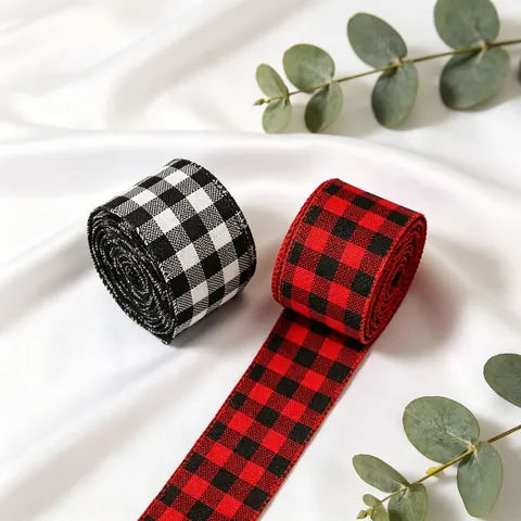 Christmas Buffalo Plaid Ribbon With Wired Edge Polyester Fabric Decorative Gingham Ribbon For Holiday Wreath Gift Wrap