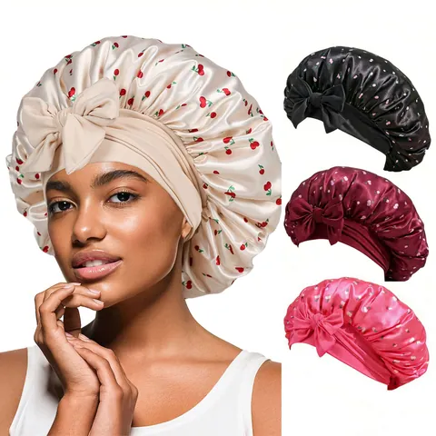 Women Satin Sleep Bonnet With Cherry Print Hair Care Night Cap Decorative Bow Wide Elastic Band For Sleeping