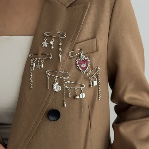 Alloy Iron Rhinestone Imitation Artificial Pearl Safety Pin Brooch Set Heart Moon Cross Sun Star Pendants For Women Suit Decoration