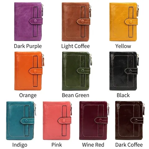 Women's Vintage First Layer Waxed Cowhide Leather Short Wallet Multi-functional Card Holder Zip Coin Purse Solid Color