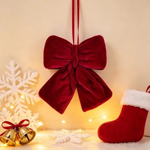 Decoración de Lazo de Navidad de Terciopelo Grande Rojo Vino Doble Capa Adorno para Árbol Con Cordón para Fiesta Vacaciones Hogar