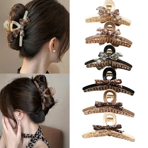 Pinza per Capelli a Fiocco in Acetato Francese per Donna Motivo Leopardato Plaid Grande Fermaglio a Squalo Accessorio Elegante
