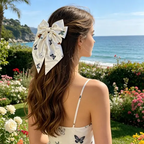 Elegante Pinza para el Cabello de Tela con Estampado de Mariposa de Colores y Lazo Grande con Cintas Largas para Mujer