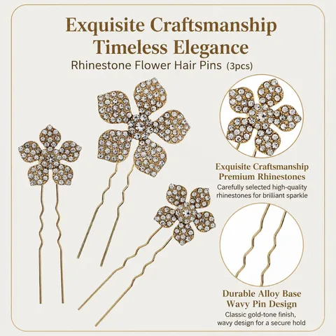 Elegante Legierung Strass Blume Haarnadeln Goldton Welle U-förmige Haarstäbe Schmuck Zubehör Für Damen Hochzeit Party