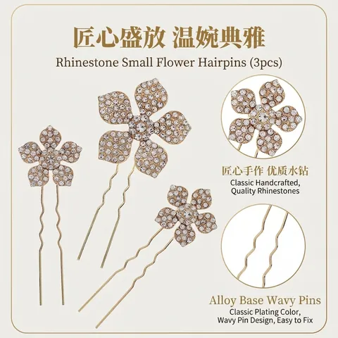 Pics à Cheveux Élégants en Alliage avec Fleurs en Strass Doré en Forme de U Accessoires de Bijoux pour Femmes Mariage Fête