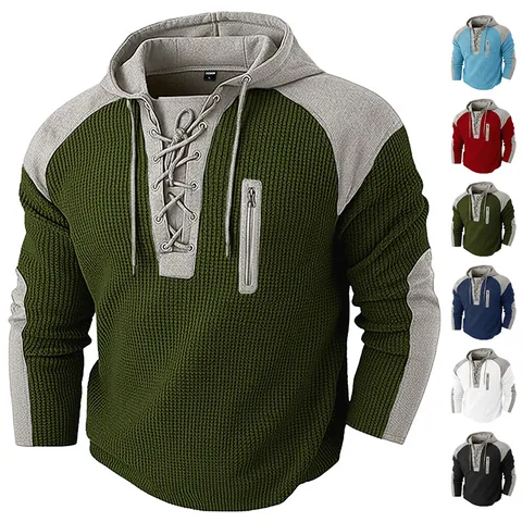 Ανδρικό Φούτερ Με Κουκούλα Waffle Knit Color Block Κορδόνι Μακρυμάνικο Casual Αθλητικό Πουλόβερ Με Τσέπη Με Φερμουάρ