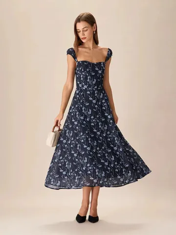 Franse Vintage Bloemen Maxi Jurk Mouwloos Vierkante Hals Hoge Taille Slim Fit Elegante Zomer Polyester