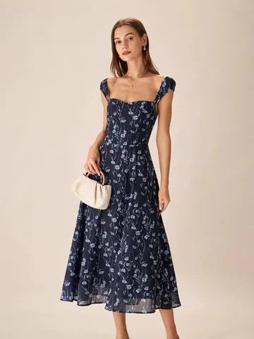 Franse Vintage Bloemen Maxi Jurk Mouwloos Vierkante Hals Hoge Taille Slim Fit Elegante Zomer Polyester