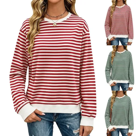 Sweat-Shirt à Rayures pour Femmes Manches Longues Col Rond Pullover Mélange de Coton Poignets Nervurés Décontracté Haut de Mode