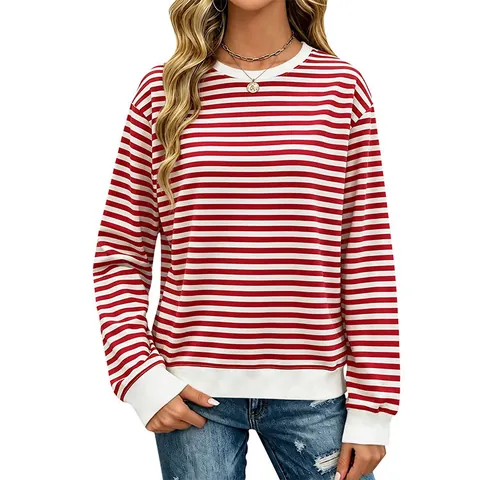 Sweat-Shirt à Rayures pour Femmes Manches Longues Col Rond Pullover Mélange de Coton Poignets Nervurés Décontracté Haut de Mode