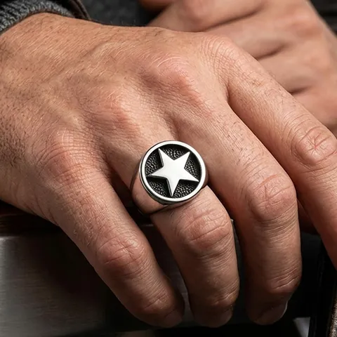 Anillo De Sello De Pentagrama Retro De Acero Inoxidable De Titanio Estrella De Cinco Puntas Joyería Punk Hip Hop Para Hombre
