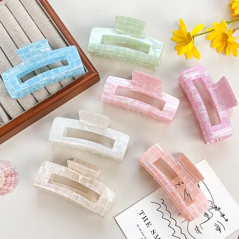 Damen Rechteckige PVC Haarkralle Irisierende Bunte Gittermuster Geometrische Hai Haarschmuck Für Das Tägliche Styling