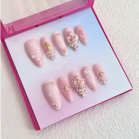 Press On Nails Amandelvorm 3D Bloem Zebra Strepen Frans Nude Verloop Glanzend Strass Kunst Voor Vrouwen