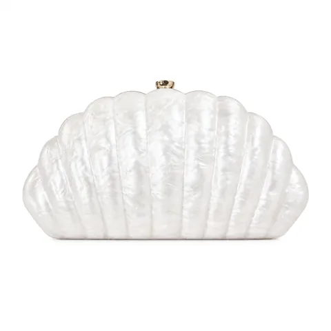 Bolso De Noche Para Mujer Forma De Concha Acrílico Brillo Perla Artificialdo Boda Fiesta Cartera De Mano Marco Metal Dorado Con Cadena