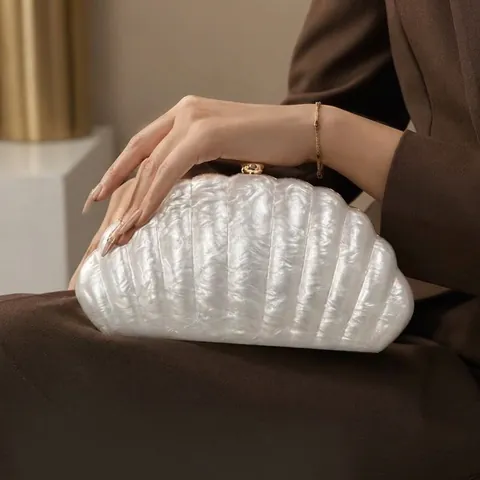 Bolso De Noche Para Mujer Forma De Concha Acrílico Brillo Perla Artificialdo Boda Fiesta Cartera De Mano Marco Metal Dorado Con Cadena