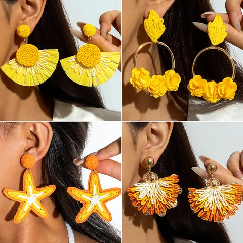 Bohemian Hand Woven Raffia Drop Earrings For Women Colorful Tropical Summer Beach Vacation Style Statement Jewelry