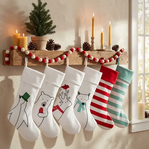 Large Christmas Stocking Embroidered Penguin Bear Elk Fox Striped Fireplace Decor Polyester Hanging Holiday Gift Bag