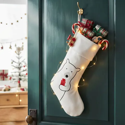Large Christmas Stocking Embroidered Penguin Bear Elk Fox Striped Fireplace Decor Polyester Hanging Holiday Gift Bag