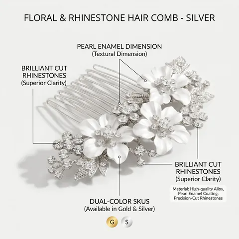 Peine para el Cabello de Boda con Flores Vintage Oro Plata Aleación Strass Esmalte Blanco Hoja Tocado de Novia Banquete Joyería Mujer
