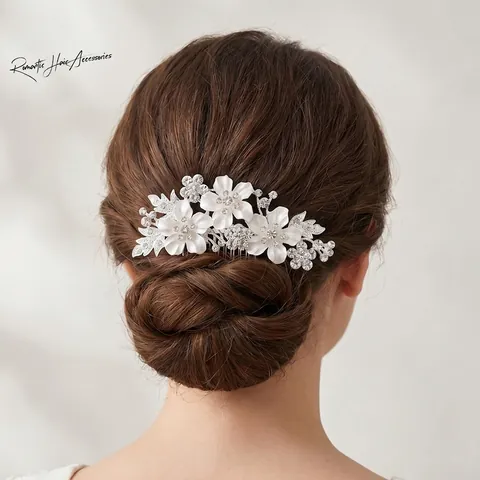Peine para el Cabello de Boda con Flores Vintage Oro Plata Aleación Strass Esmalte Blanco Hoja Tocado de Novia Banquete Joyería Mujer
