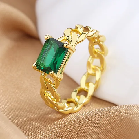 Vintage Copper Chain Link Ring For Women Square Rhinestone Inlaid Gold Silver Color Retro Emerald Ruby Look Fashion Band Ring