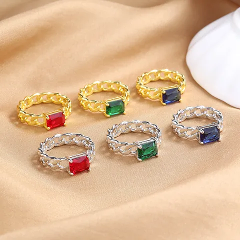 Vintage Copper Chain Link Ring For Women Square Rhinestone Inlaid Gold Silver Color Retro Emerald Ruby Look Fashion Band Ring