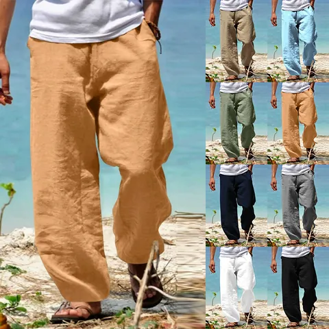 Men Casual Linen Pants Lightweight Breathable Elastic Drawstring Waist Loose Straight Leg Summer Beach Trousers