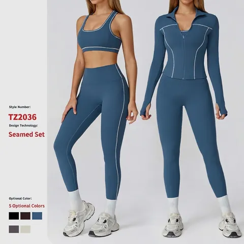 Ensemble De Yoga Fitness Femme Nylon Spandex Brossé Taille Haute Passepoil Contrasté Veste Zippée Slim Fit Sport