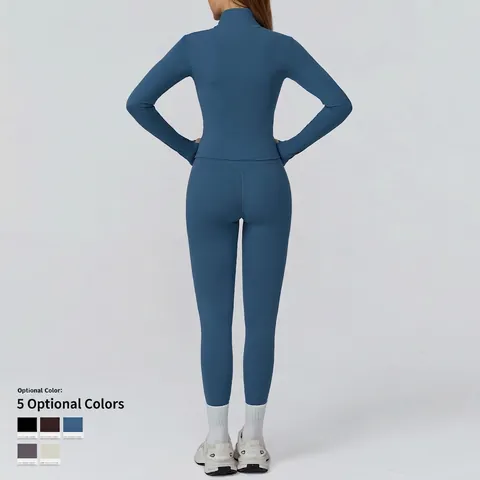 Ensemble De Yoga Fitness Femme Nylon Spandex Brossé Taille Haute Passepoil Contrasté Veste Zippée Slim Fit Sport