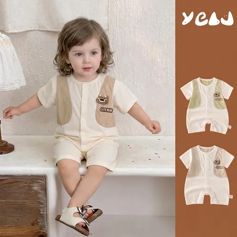 Baby Kurzarm Baumwolle Strampler Sommer Atmungsaktiv Neugeborene Kleinkind Patchwork Body Mit Niedlichem Bären Applikation Jumpsuit