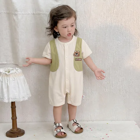 Baby Kurzarm Baumwolle Strampler Sommer Atmungsaktiv Neugeborene Kleinkind Patchwork Body Mit Niedlichem Bären Applikation Jumpsuit