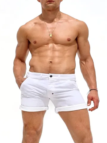 Pantaloncini di Jeans Bianchi da Uomo Slim Fit Alta Elasticità Orlo con Risvolto Misto Cotone Casual Estate Spiaggia Jeans Uomo