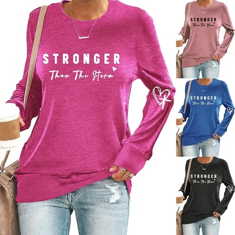 Women Casual Cotton Blend Sweatshirt Stronger Than The Storm Letter Print Heart Cross Long Sleeve Crew Neck Pullover Top