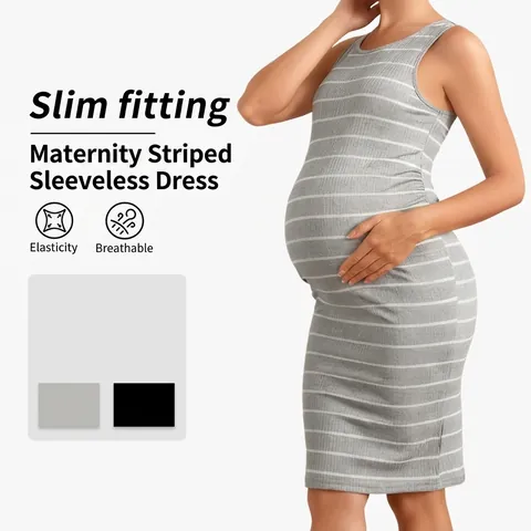 Vestito Da Maternità A Righe In Maglia A Costine Senza Maniche Girocollo Aderente Elastico Abbigliamento Estivo Casual