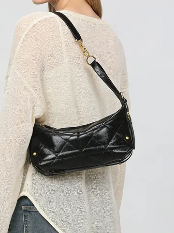 Women Quilted Shoulder Bag Rhombic Pattern PU Leather Hobo Underarm Bag With Gold Hardware Versatile Ladies Handbag