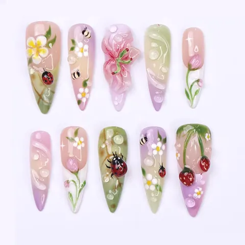 Almond Press On Nails Strawberry Ladybug Flower Design Cute Pastoral Style 3D Water Drops False Nails Women Finger Art
