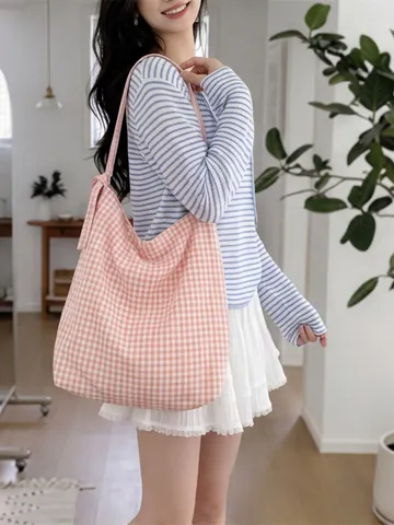 Gingham Checkered Crossbody Bag Polyester Canvas Large Capacity Bow Knot Strap Casual Daily Shoulder Tote For Women