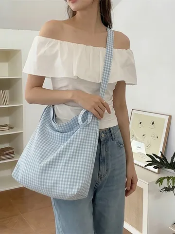 Gingham Checkered Crossbody Bag Polyester Canvas Large Capacity Bow Knot Strap Casual Daily Shoulder Tote For Women