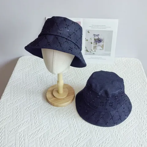 Damen Mode Denim Anglerhut Gesteppte Raute Pailletten Perlen Sonnenhut Dunkelblau Baumwolle Freizeit Fischerkappe Für Reisen