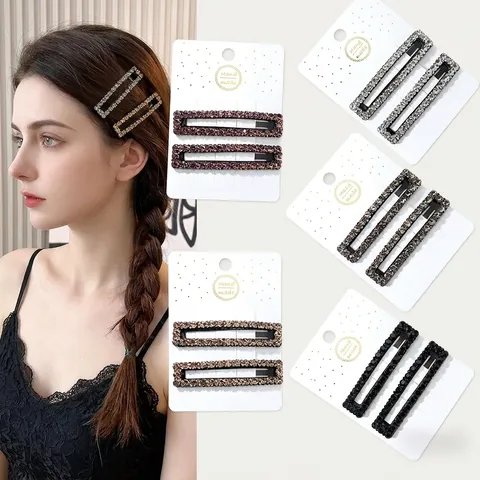 Luxe Strass Rechthoekige Haarclip Set Legering Geometrische Pony Zijclip Handgemaakte Elegante Haaraccessoires Voor Dames