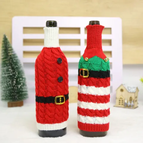 Christmas Knitted Wine Bottle Cover Striped Belt Style Festive Table Decoration For Restaurant Kitchen Xmas Decor Bottle Sweater