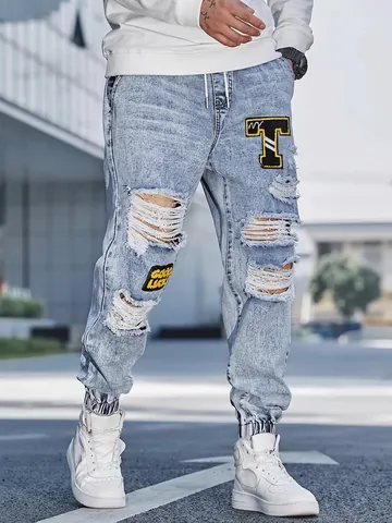 Men's Ripped Denim Jogger Pants Light Blue Washed Distressed Jeans with Embroidery Patches Elastic Waist Drawstring Trousers