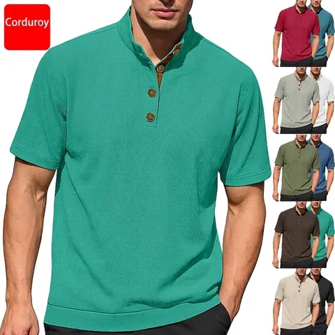 Polo Da Uomo Casual Manica Corta Collo Alto Texture Maglia Velluto A Coste Pullover Stile Henley Top Moda
