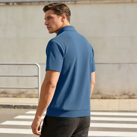 Polo Da Uomo Casual Manica Corta Collo Alto Texture Maglia Velluto A Coste Pullover Stile Henley Top Moda