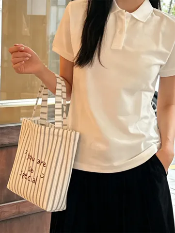 Sac Fourre-Tout En Toile Rayée Broderie Lettres Visage Souriant Grande Capacité Sac À Épaule Pour Femmes Style Coréen