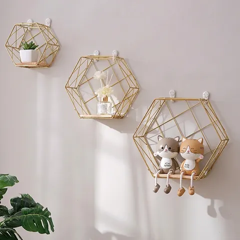 Hexagon Floating Wall Shelf Iron And Wood Geometric Decorative Storage Rack For Living Room Bedroom Nordic Style
