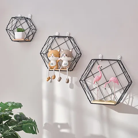Hexagon Floating Wall Shelf Iron And Wood Geometric Decorative Storage Rack For Living Room Bedroom Nordic Style